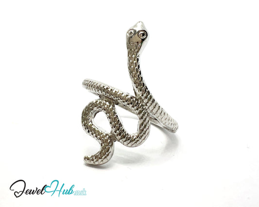 🐍 Serpent Coil Ring – Zinc Alloy · UK P · US 8 · Sculptural Snake Motif · Symbolic · Silver-Tone Finish