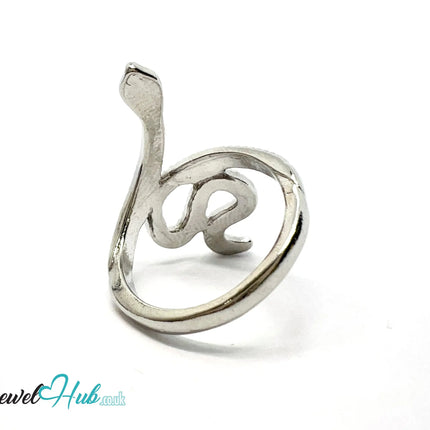 🐍 Serpent Coil Ring – Zinc Alloy · UK P · US 8 · Sculptural Snake Motif · Symbolic · Silver-Tone Finish CA