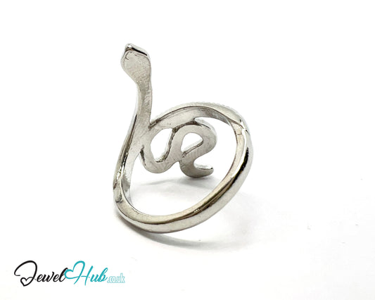 🐍 Serpent Coil Ring – Zinc Alloy · UK P · US 8 · Sculptural Snake Motif · Symbolic · Silver-Tone Finish