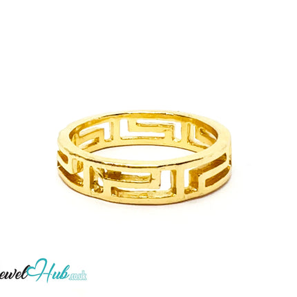 ▭ Gold Geometric Cutout Ring – Zinc Alloy · UK O · US 7.5 · Repeating Rectangle Motif · Brushed Gold Finish CA