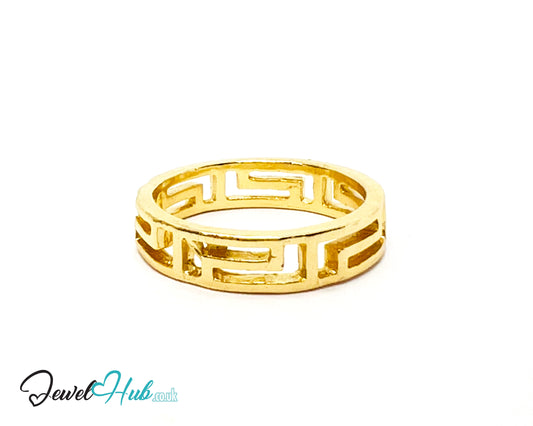 ▭ Gold Geometric Cutout Ring – Zinc Alloy · UK O · US 7.5 · Repeating Rectangle Motif · Brushed Gold Finish