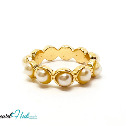 ⚪ Gold Orbit Pearl Ring – Zinc Alloy · UK N · US 7 · 11 Faux Pearls · Bezel-Mounted Accents · Polished Finish CA