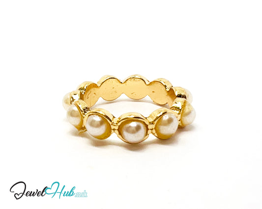 ⚪ Gold Orbit Pearl Ring – Zinc Alloy · UK N · US 7 · 11 Faux Pearls · Bezel-Mounted Accents · Polished Finish