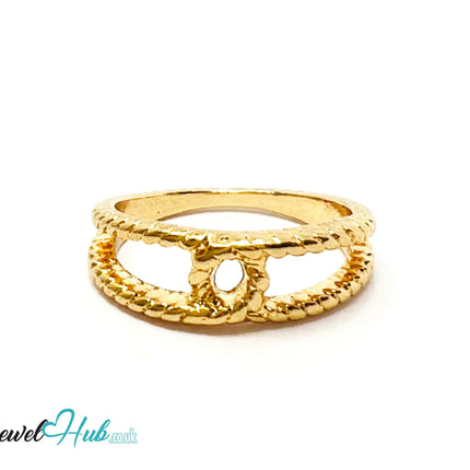 ∞ Gold Twin Loop Ring – Zinc Alloy · UK M · US 6.5 · Rope Texture · Dual-Band Open Motif · Polished Finish CA