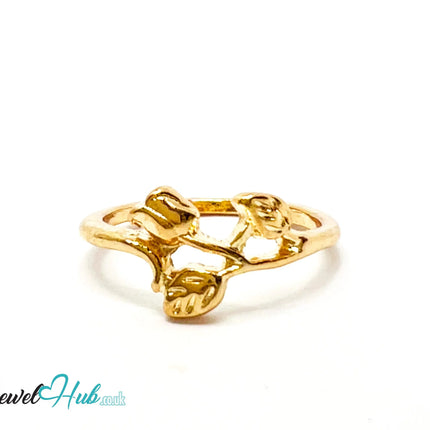 🍃 Gold Trio Leaf Ring – Zinc Alloy · UK K · US 5.5 · Sculpted Botanical Motif · Polished Finish CA