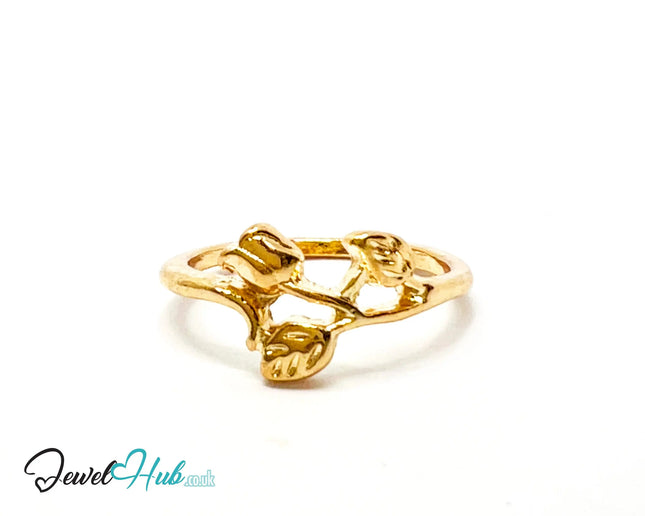 🍃 Gold Trio Leaf Ring – Zinc Alloy · UK K · US 5.5 · Sculpted Botanical Motif · Polished Finish CA