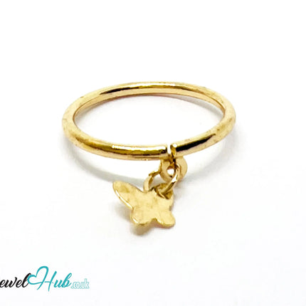 🦋 Gold Butterfly Charm Ring – Zinc Alloy · UK O · US 7.5 · Hanging Butterfly Pendant · Polished Finish CA