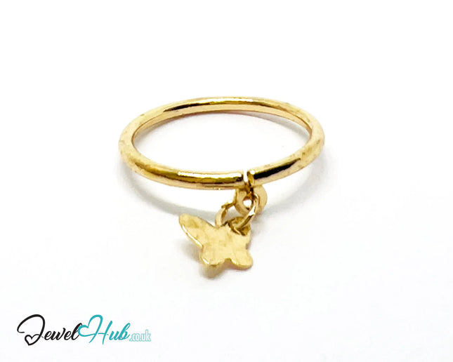 🦋 Gold Butterfly Charm Ring – Zinc Alloy · UK O · US 7.5 · Hanging Butterfly Pendant · Polished Finish CA