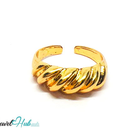 💛 Twisted Front Gold-Plated Zinc Ring · UK O · US 7.5 · Open Band · Sculptural Twist CA