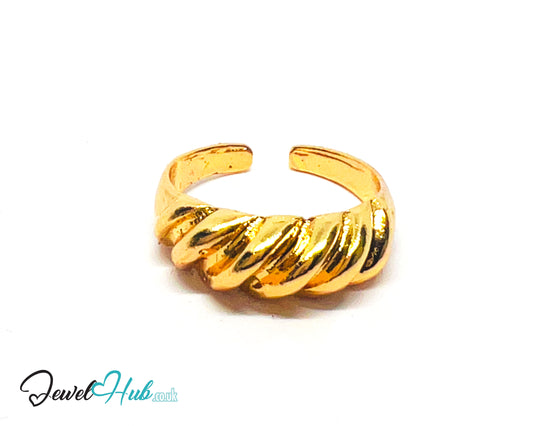💛 Twisted Front Gold-Plated Zinc Ring · UK O · US 7.5 · Open Band · Sculptural Twist