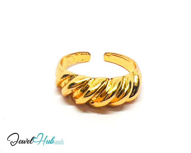 💛 Twisted Front Gold-Plated Zinc Ring · UK O · US 7.5 · Open Band · Sculptural Twist CA