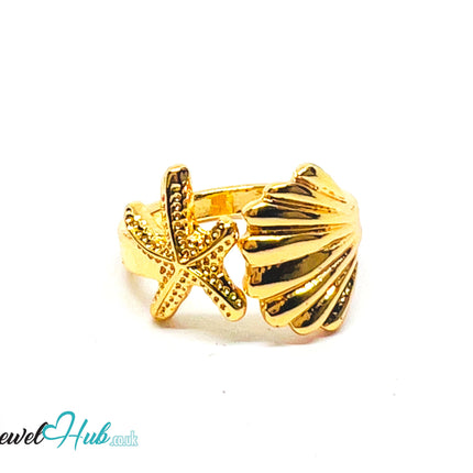 💛 Sea Duo Gold Plated Starfish & Shell Ring · UK K · US 5.5 · Ocean-Inspired CA