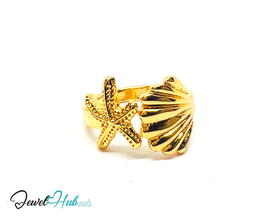 💛 Sea Duo Gold Plated Starfish & Shell Ring · UK K · US 5.5 · Ocean-Inspired