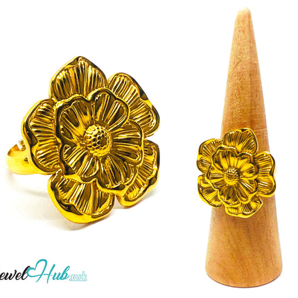 🌸 Bloomform Gold Plated Flower Ring · Zinc Alloy · UK P · US 8 · Bold Botanical Statement CA