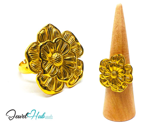 🌸 Bloomform Gold Plated Flower Ring · Zinc Alloy · UK P · US 8 · Bold Botanical Statement