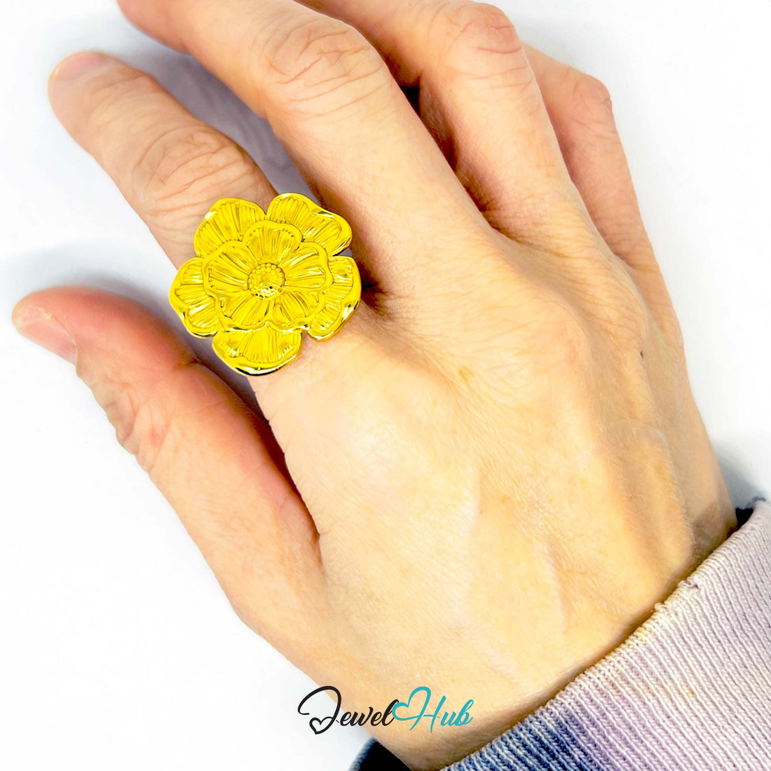 Gold Plated Ring 🌸 Bloomform Flower · Zinc Alloy · UK P · US 8 · Bold Botanical Statement - JewelHub.co.uk
