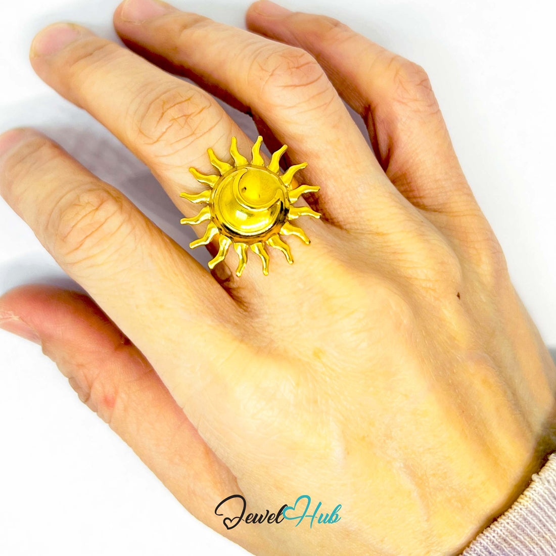 Gold Plated Ring ☀️ Solflare & Sun · Zinc Alloy · UK M · US 7 · Celestial Statement - JewelHub.co.uk