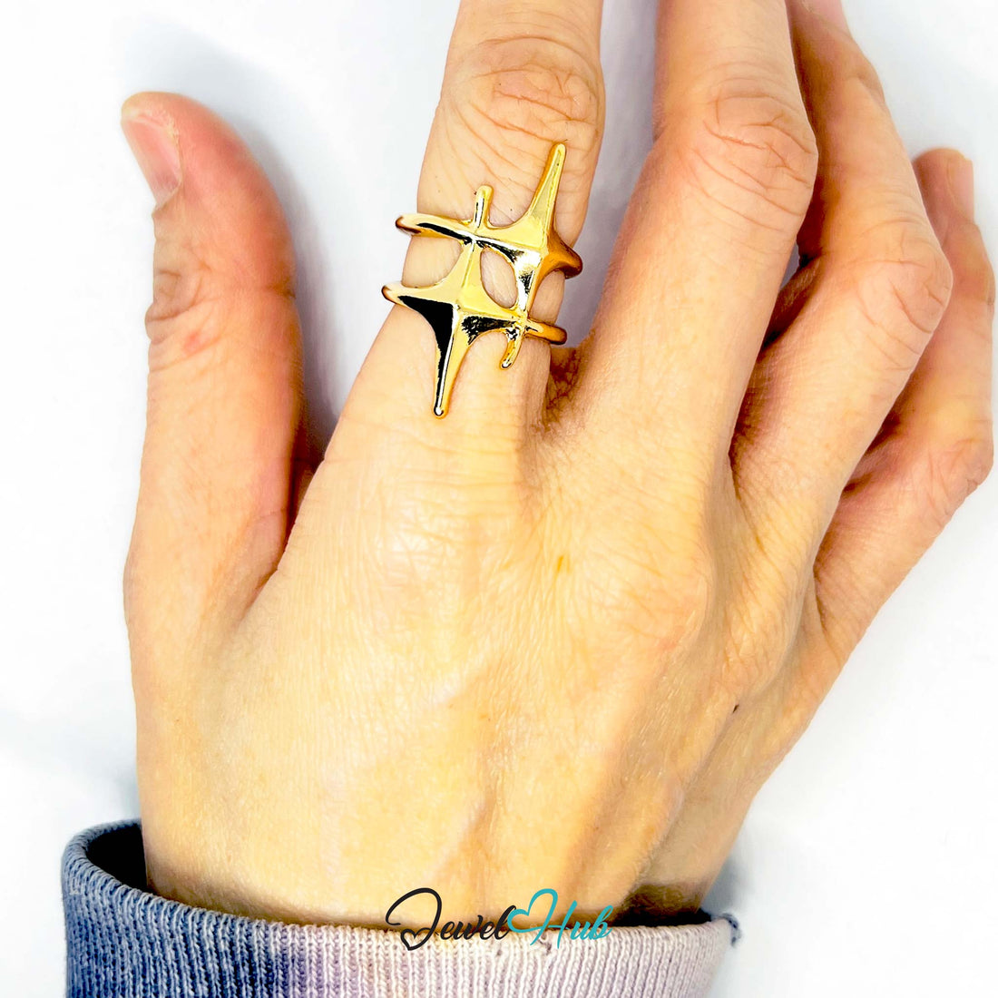 Gold - Plated Starburst Prong Zinc Ring with Sculptural Geometry – Bold Statement Band for Gen Z Stylists - JewelHub.co.uk