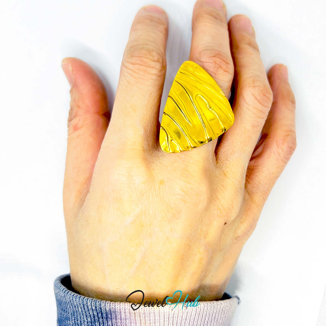Gold - Plated Sculptural Wave Zinc Ring – Textured Triangle Accent with Adjustable Fit (UK O–Q) - JewelHub.co.uk