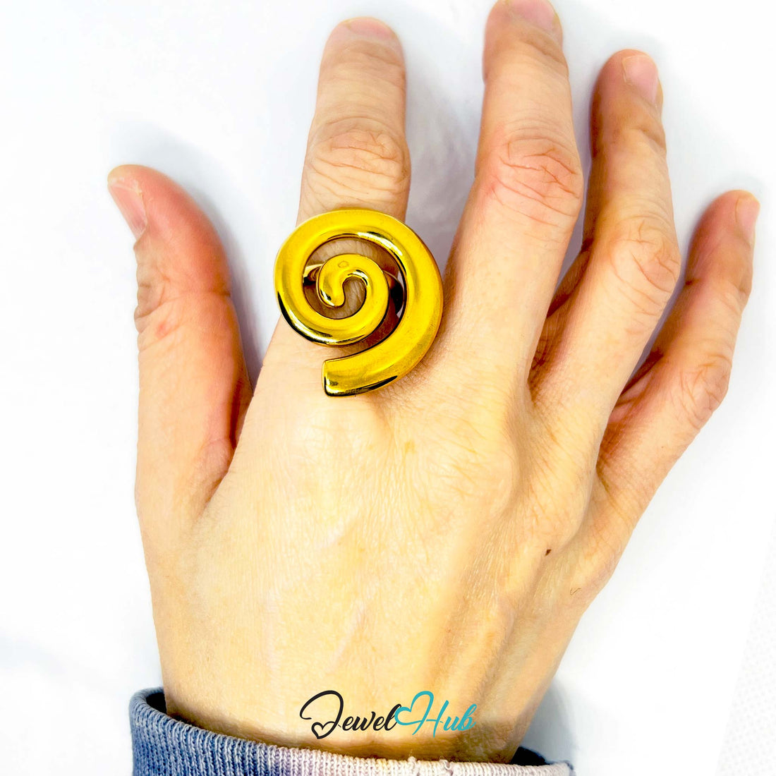 Gold - Plated Spiral Zinc Alloy Ring – Adjustable Statement Coil for Bold Presence | Size P–R - JewelHub.co.uk