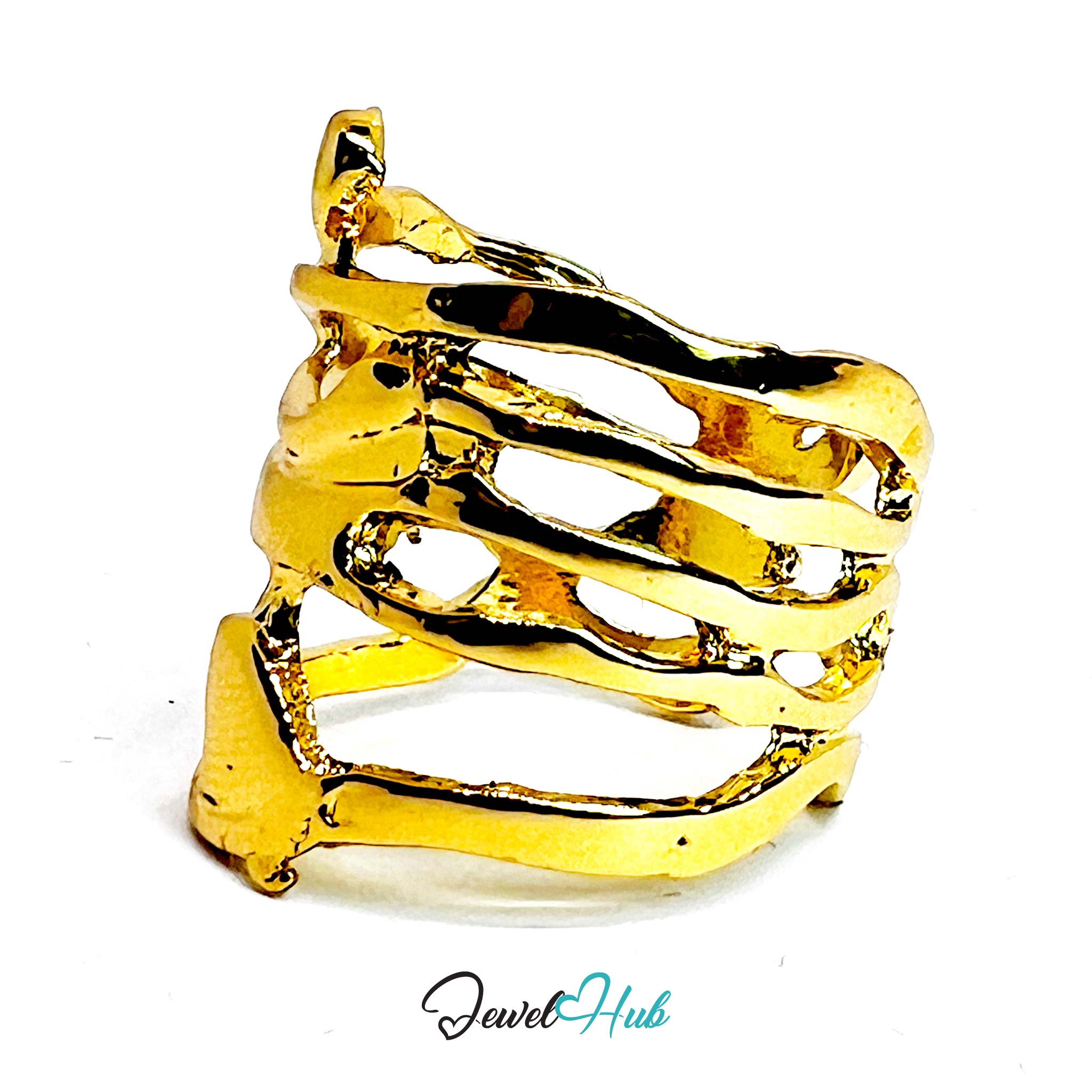 Abstract Sculptural Gold-Plated Zinc Ring – Flowing Organic Layers