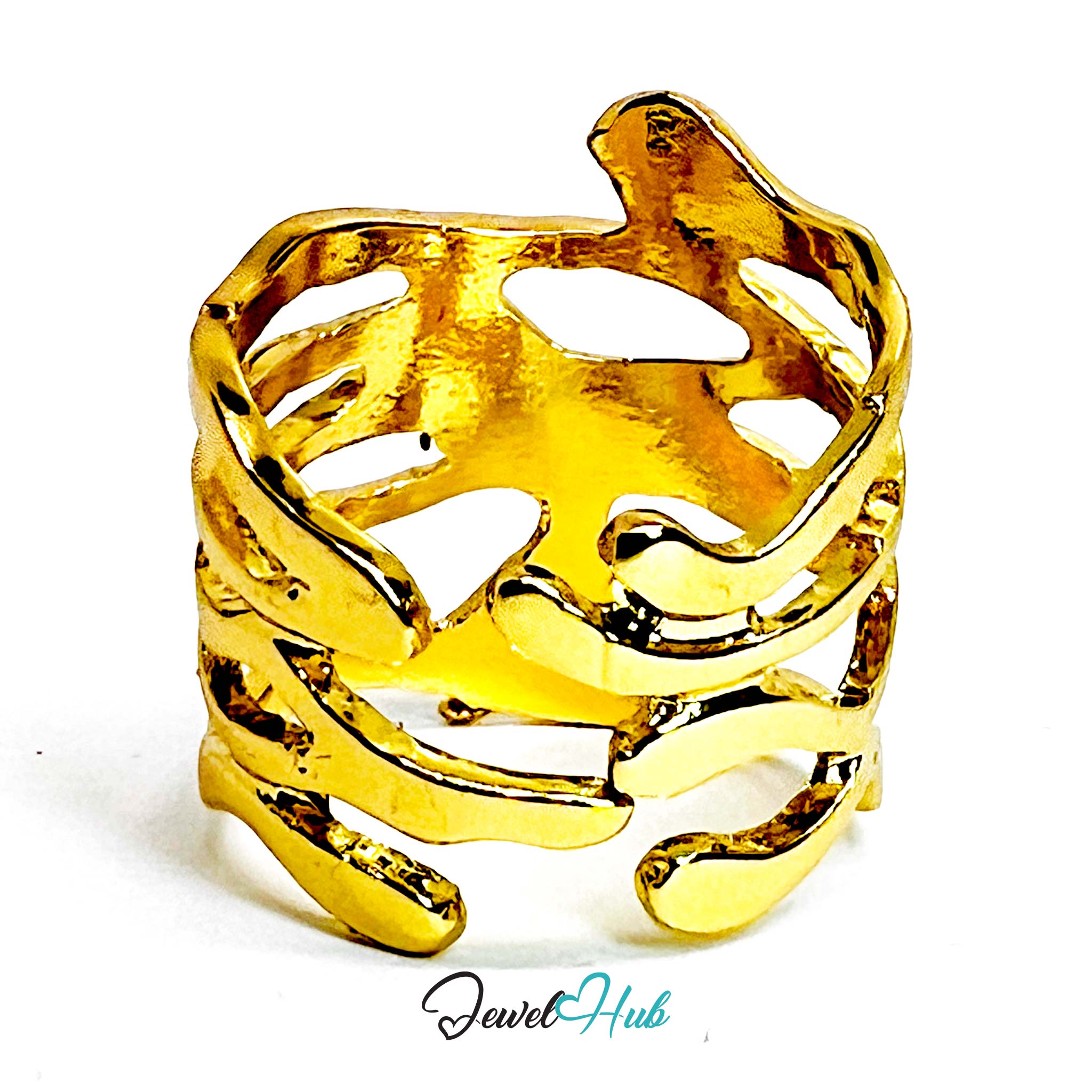 Abstract Sculptural Gold-Plated Zinc Ring – Flowing Organic Layers