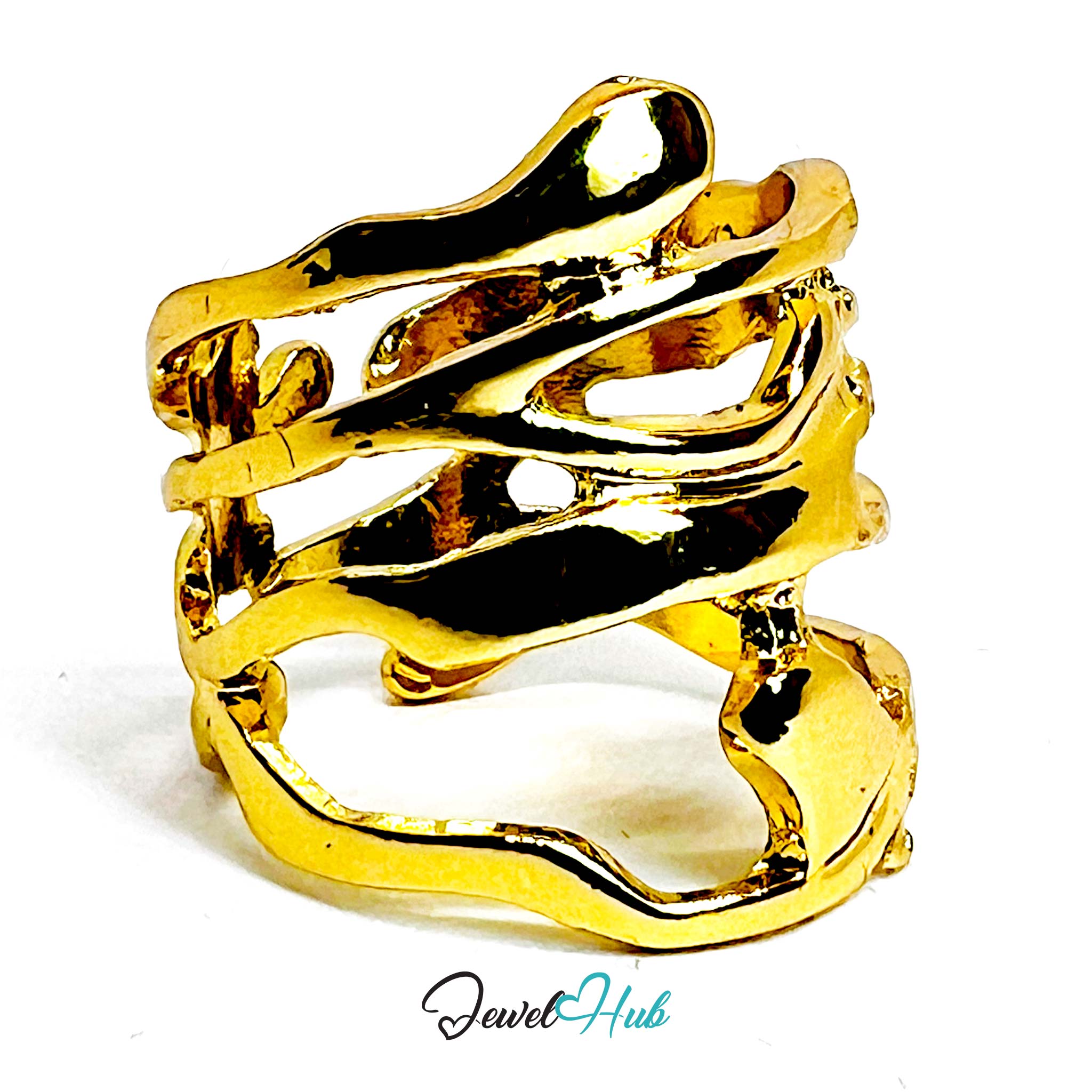 Abstract Sculptural Gold-Plated Zinc Ring – Flowing Organic Layers