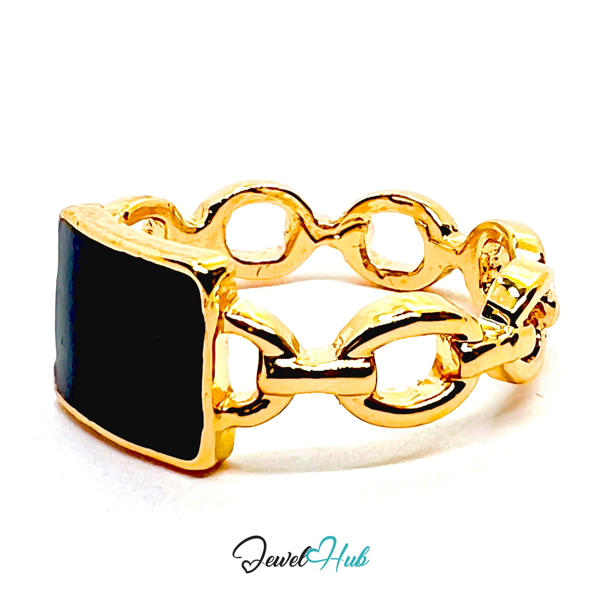 Black Signet Chain Gold Ring – Rectangle Statement Ornate Band
