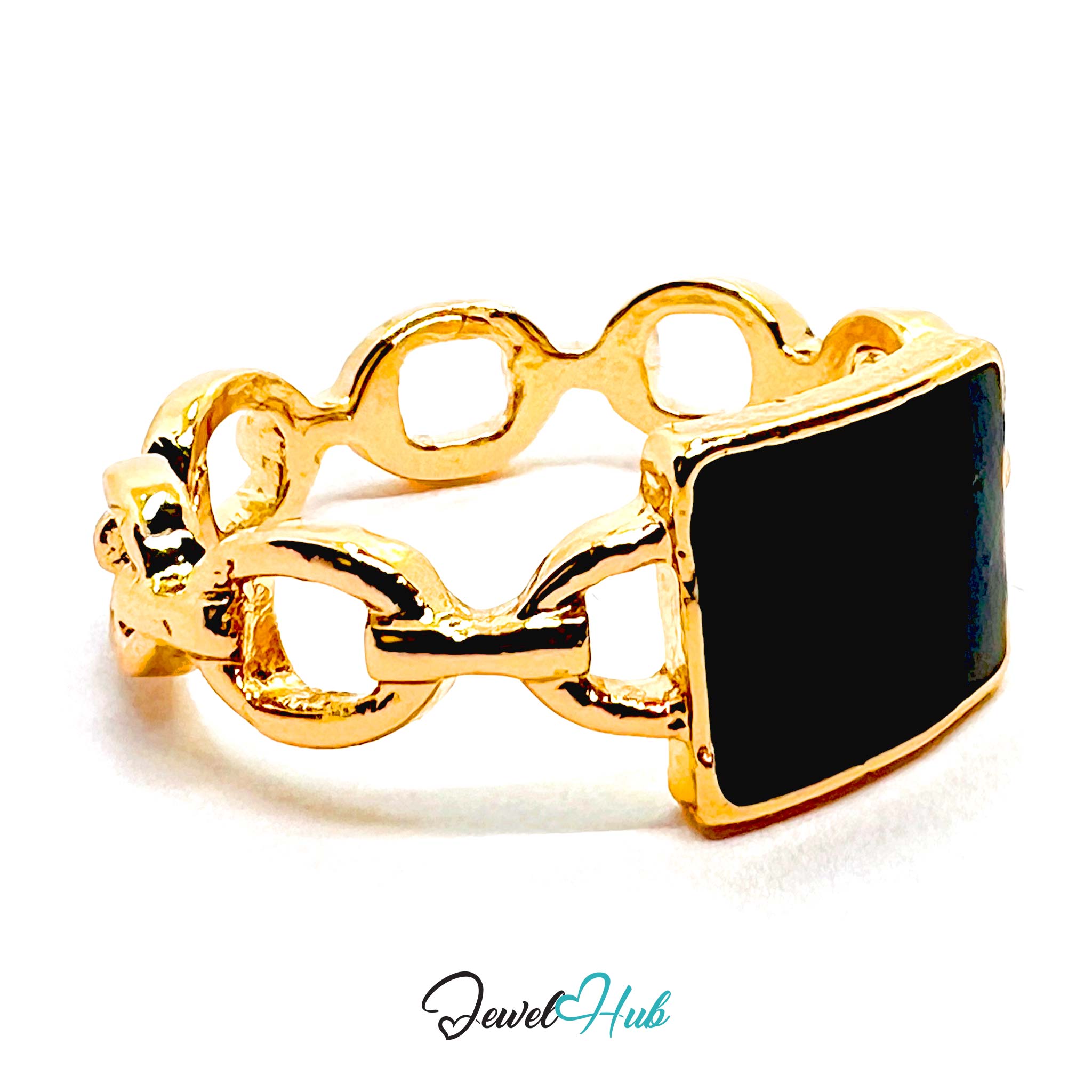 Black Signet Chain Gold Ring – Rectangle Statement Ornate Band