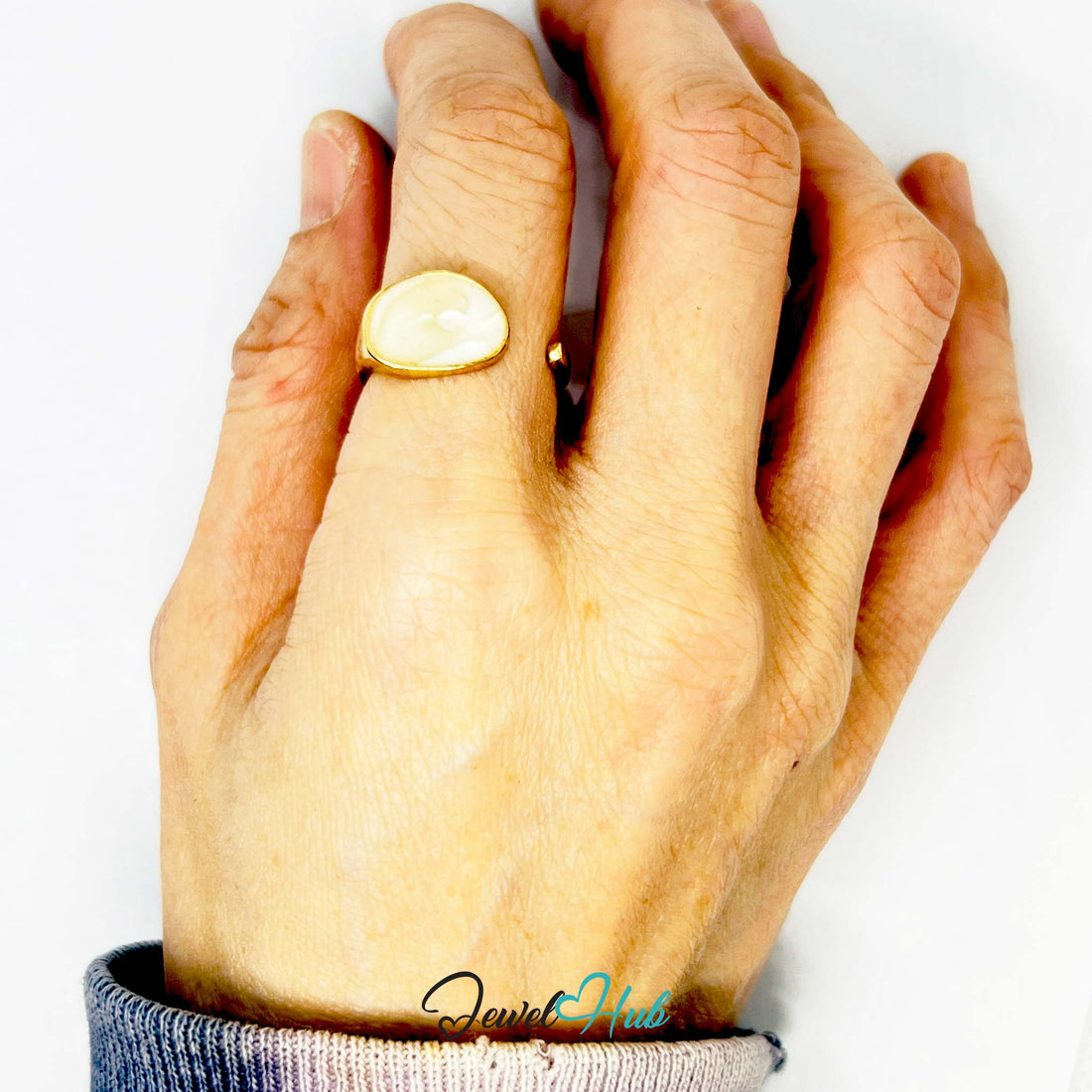 White Resin Opal Gold Ring – Oval Statement Sculptural Setting - JewelHub.co.uk