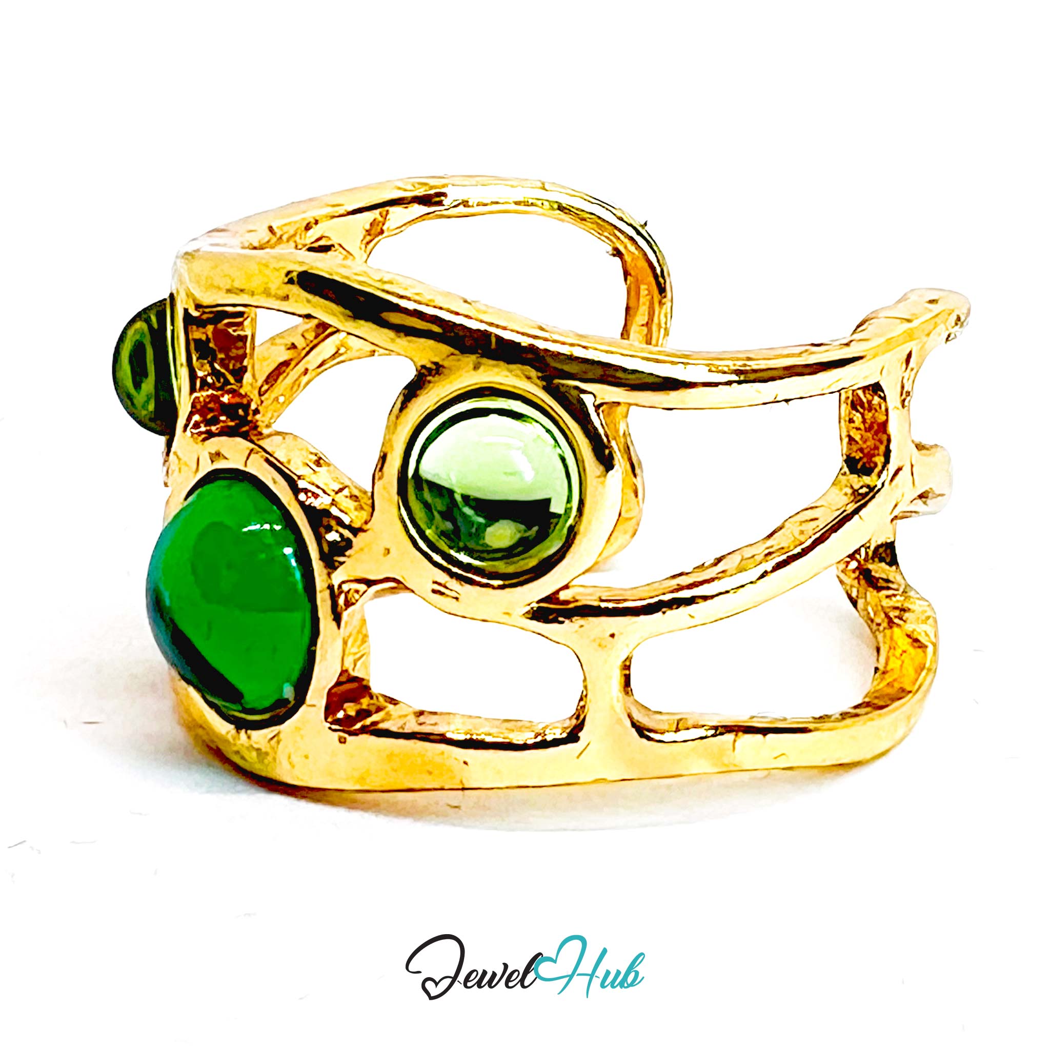 Green Gem Crown Gold Ring – Triple Stone Openwork Statement M-O