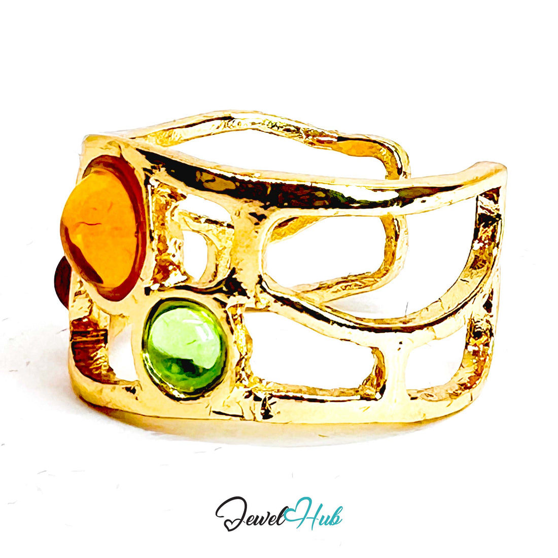 Gold - Plated Ember Crown Ring – Adjustable M–O | Warm - Toned Resin Gems in Sculptural Elegance - JewelHub.co.uk