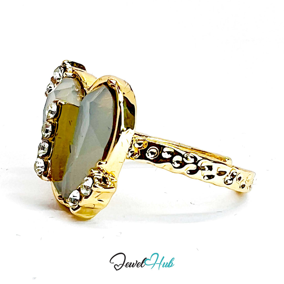 Gold - Plated Pearl Resin Ring – Open - End K - L | 3.9g with 8 Zirconia Stones - JewelHub.co.uk