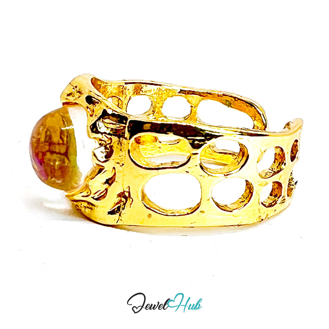 Gold - Plated Amber Resin Ring – Open - End R - S | 3.8g Geometric Cutout Band - JewelHub.co.uk