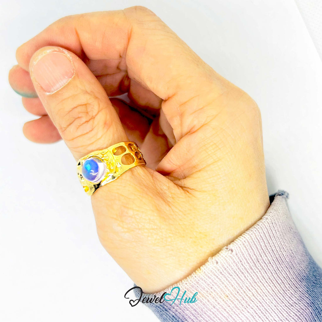 Gold - Plated Amber Resin Ring – Open - End R - S | 3.8g Geometric Cutout Band - JewelHub.co.uk