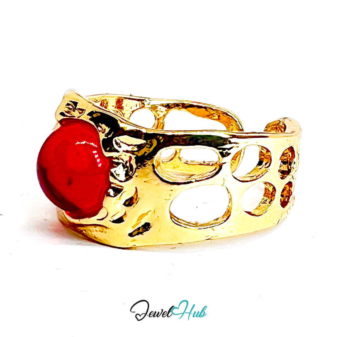 Gold - Plated Red Resin Ring – Open - End R - S | 4.00g Bold Sculptural Band - JewelHub.co.uk