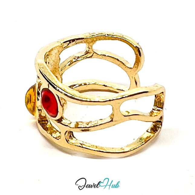 Gold-Plated Ember Crown Ring – Adjustable M–O | Warm-Toned Resin Gems in Sculptural Elegance CA