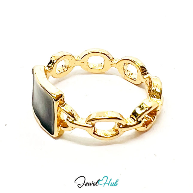 Gold-Plated Chain Ring with Black Resin – Size Q | 2.28g Bold Link Style in Zinc Alloy CA