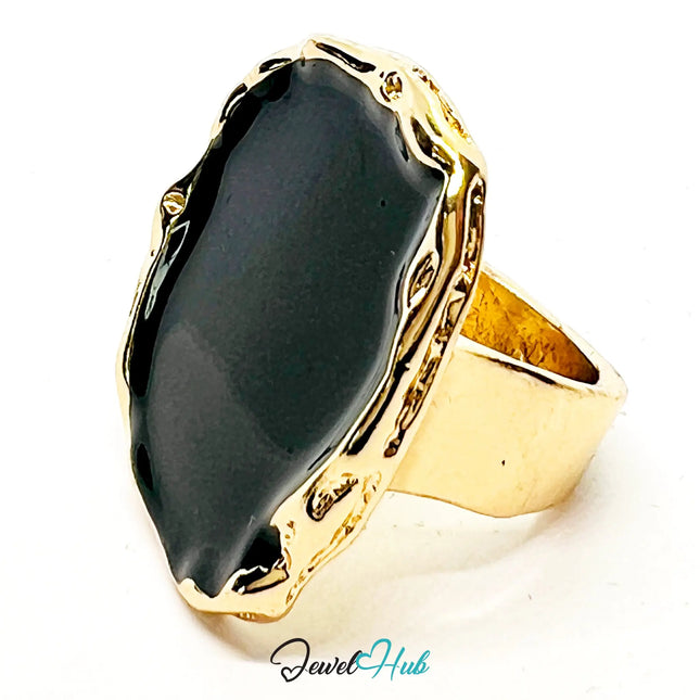 Gold-Plated Flat Onyx Ring – Fixed Size O | 9.8g Glossy Black Resin in Sculptural Silence CA