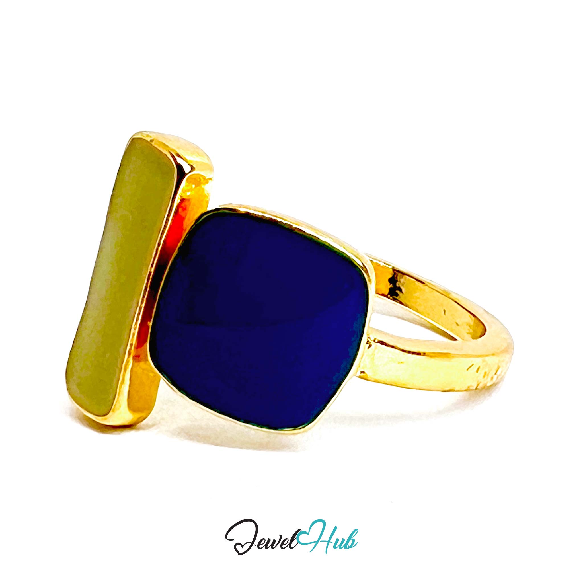 Gold-Plated Dual Resin Stone Ring – Olive & Navy Geometric Design