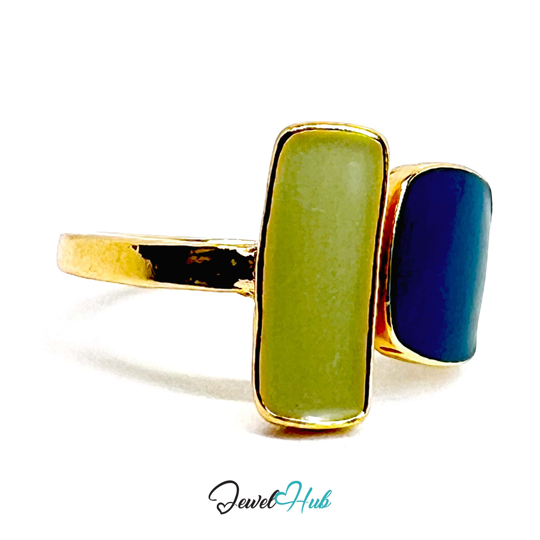 Gold-Plated Dual Resin Stone Ring – Olive & Navy Geometric Design