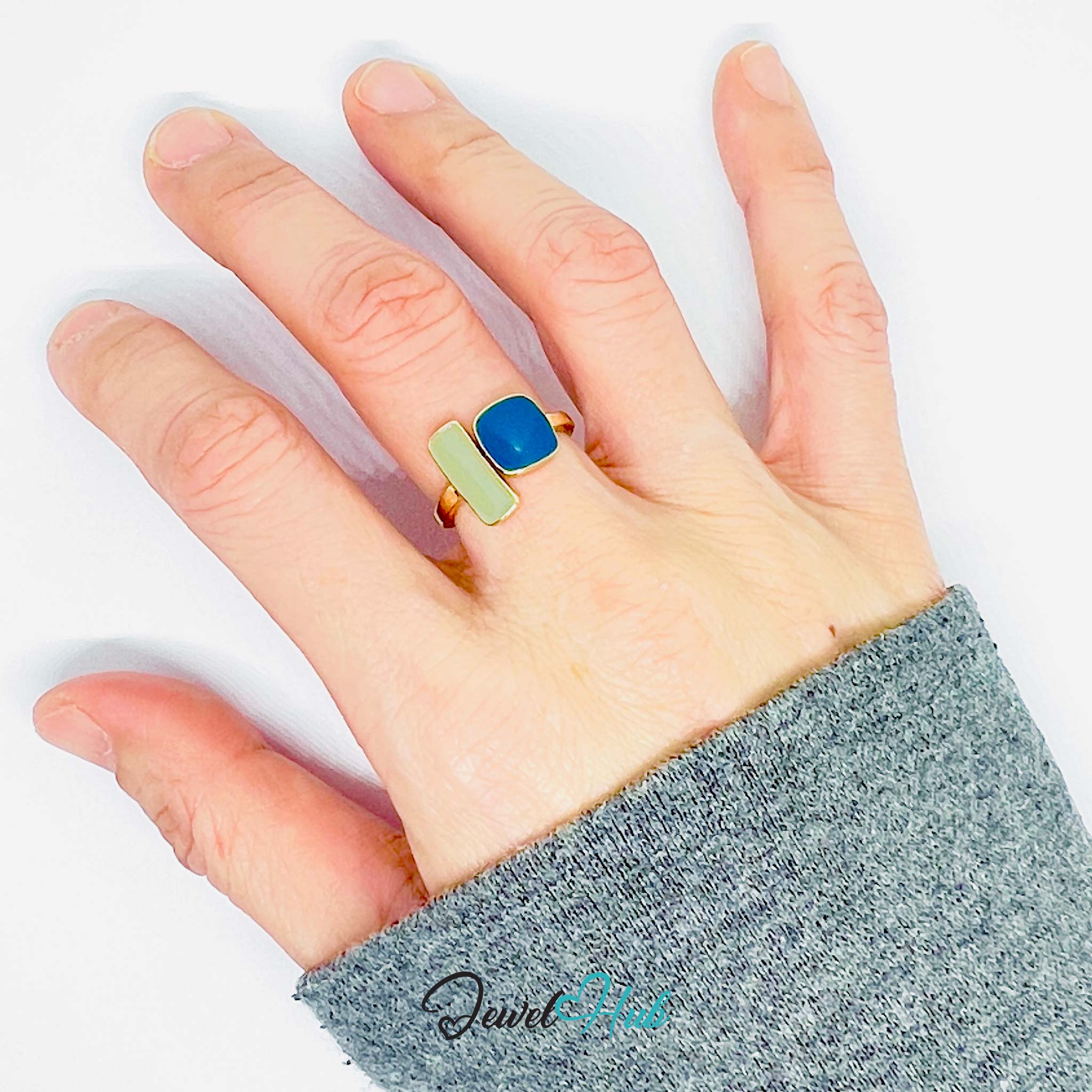 Gold-Plated Dual Resin Stone Ring – Olive & Navy Geometric Design