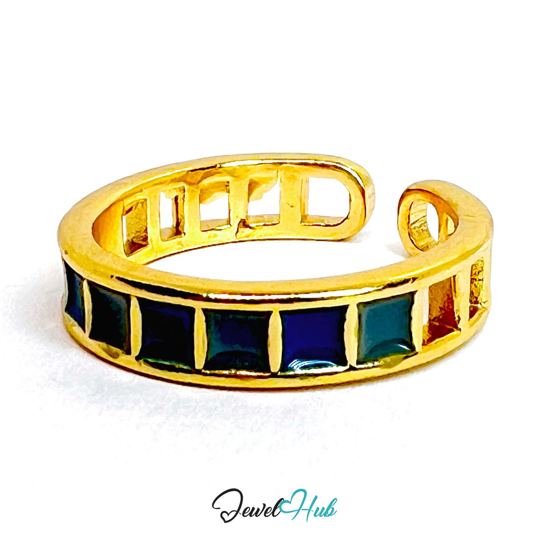 Gold - Plated Blue Resin Segment Ring – Adjustable Minimalist Sculptural Design - JewelHub.co.uk