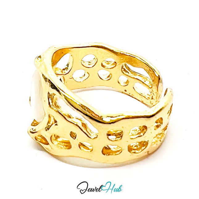 Gold-Plated Textured Pearl Ring – Fixed Size O | 3.8g Geometric Cutout Band with Resin Gem CA