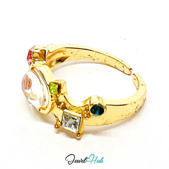 Gold-Plated Playful Ring – Fixed Size N | 2.65g AB Resin & Multicolour Gems in Whimsical Glow CA
