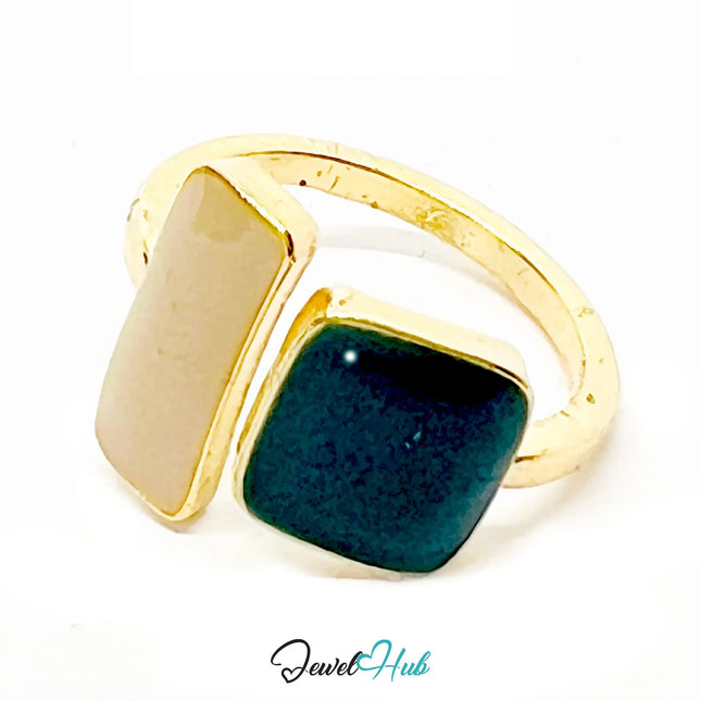 Gold-Plated Minimalist Ring – Adjustable M–O | 2.25g Brown & Green Resin Gems in Tonal Elegance CA