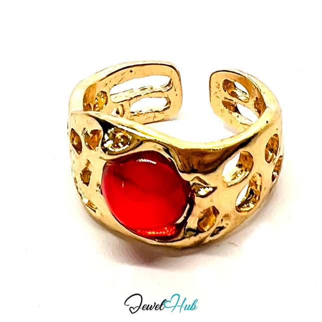 Gold-Plated Perforated Ring – Adjustable O–Q | 4.00g Bold Red Resin Gems, Sculptural Band CA