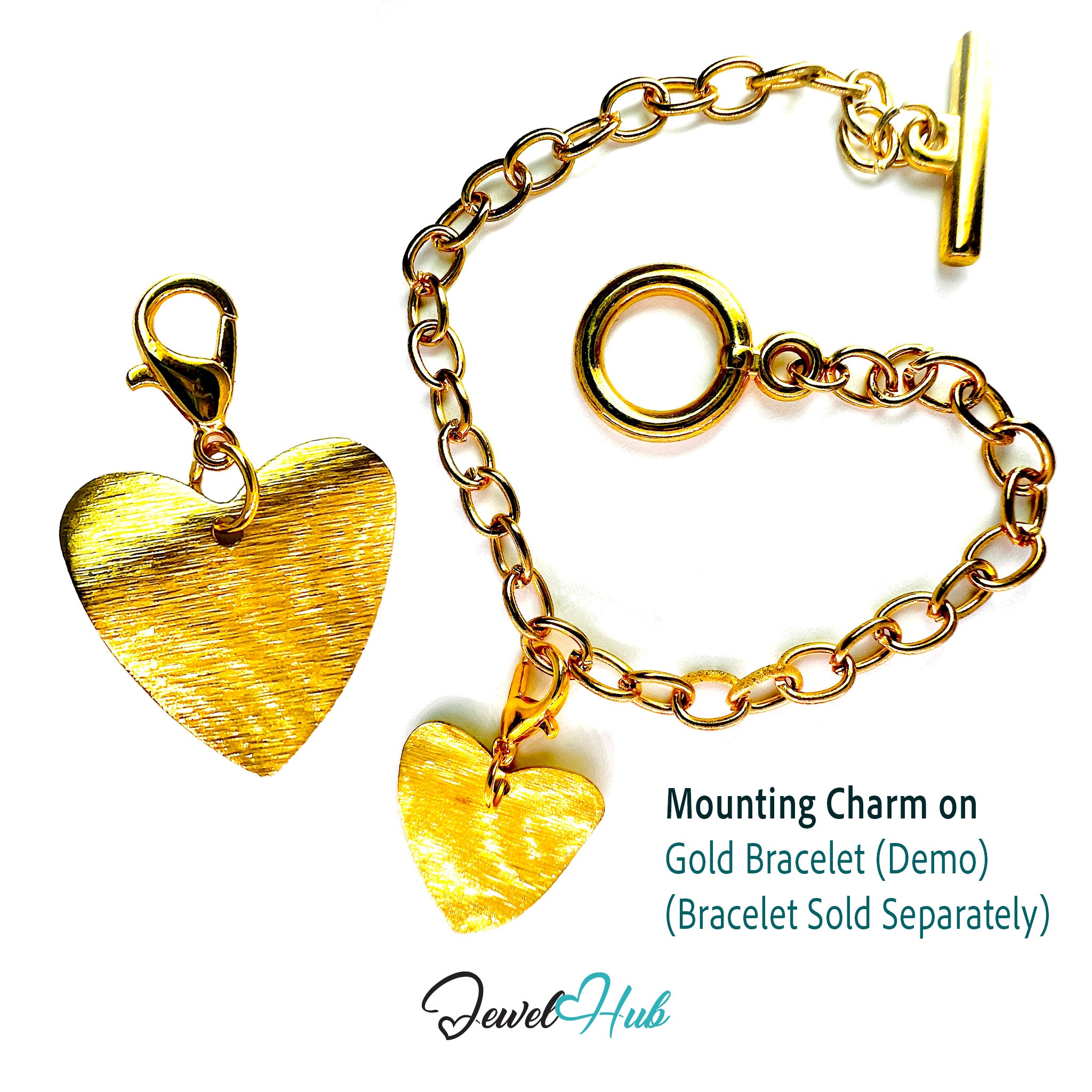 Gold heart charm on a gold chain bracelet with 'Jewel Hub' branding.