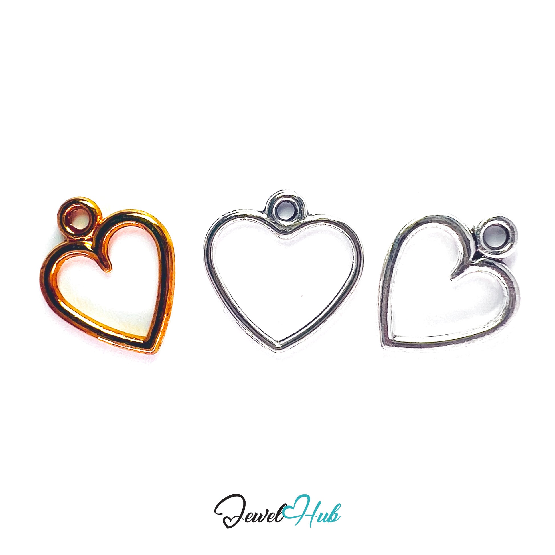 Three heart-shaped pendants in different colors on a white background with 'Jewel Hub' branding.