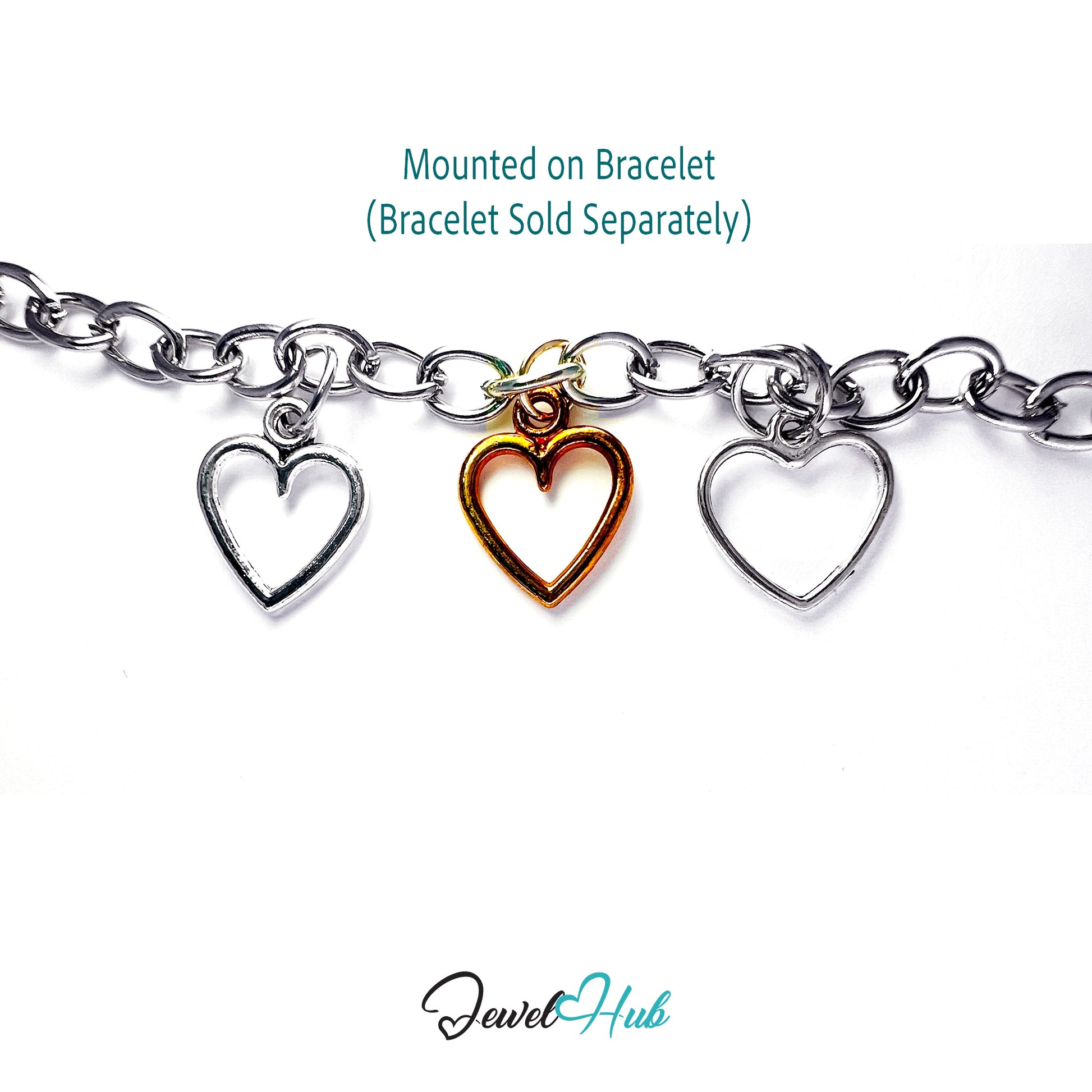Heart-shaped charms on a chain with text indicating bracelet sold separately, branded 'Jewel Hub'.